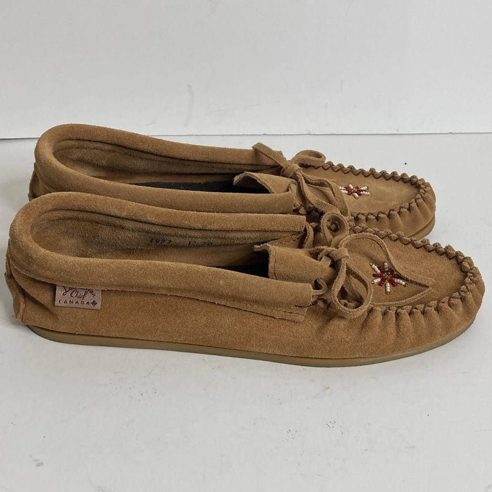 Laurentian Chief Moccasins Women 10 Tan Brown Suede Slip On Shoes Made in Canada